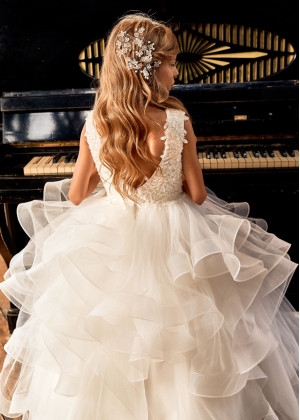 Beaded White Lace Tulle V Back Ruffled Flower Girl Dress